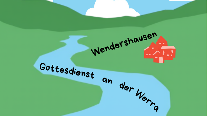 Eine bunte Karte mit der Markierung eines Gottesdienstes in Wendershausen an der Werra am 3. Mai 2026 um 09:30 Uhr.