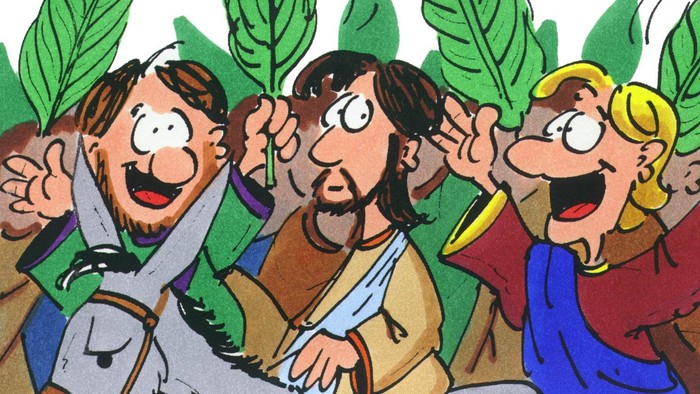 Fröhliche Menge jubelt und schwenkt Palmzweige während eines triumphalen Umzugs mit einer zentralen Figur auf einem Esel.