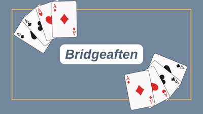 En grafik, der viser spillekort med ordet *"Bridgeaften"*, som indikerer en bridge-temaet social sammenkomst eller begivenhed.