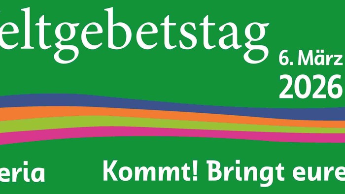 Werbeplakat für den Weltgebetstag in Nigeria am 6. März 2026 mit einem Regenbogen und religiösen Symbolen