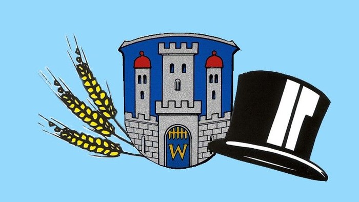 Wappen mit Schloss, Zylinder und Federn