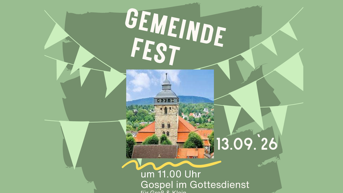 Plakat zum Gemeindefest mit Gospelgottesdienst, Live-Musik und Turmbesteigungen am 13. September 2026.