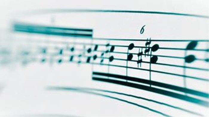 Das Bild zeigt eine Nahaufnahme von Notenlinien mit Musiknoten.