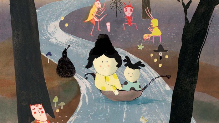 Børn spiller i skoven om natten under fuldmåne