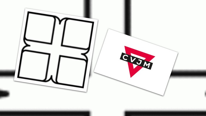 Das Bild zeigt zwei Logos, eines mit einem roten Dreieck und Buchstaben, das andere ein schwarzes geometrisches Design.