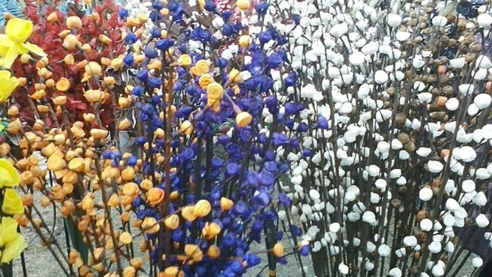 Farverige tørrede blomsterarrangementer i levende gule, blå, røde og hvide klaser.