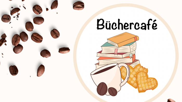 Das Bild zeigt ein Buchercafé mit Kaffee, Büchern und einem Keks