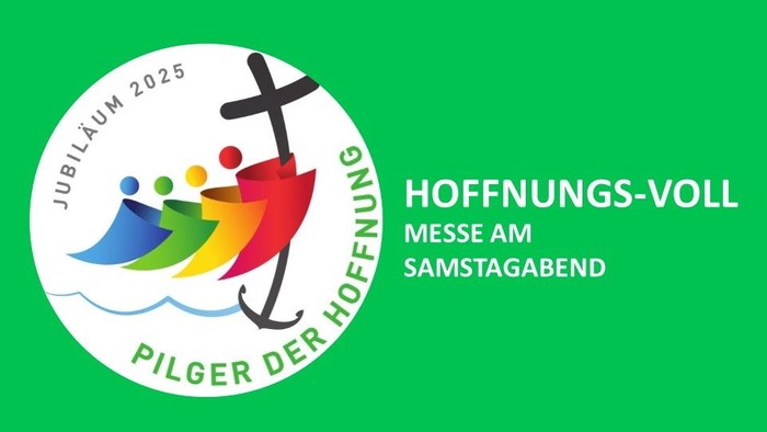 Pilgergrafik mit rot, gelb, grün und blauer Figur an einem schwarzen Kreuz in einem weißen Kreis.
Der weiße Kreis ist auf einem grünen Hintergrund.
Einladungstext zu Hoffnungs-Voll Messe am Samstagabend