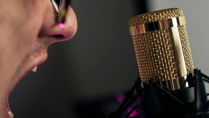 Person singt in ein goldenes Mikrofon.