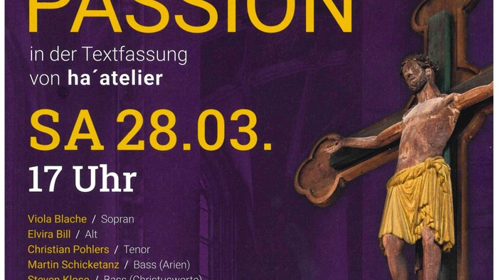 Plakat zur Werbung für das Konzert von J.S. Bachs „Johannes-Passion“ im Freiberger Dom am 28. März mit Angaben zu Besetzung und Ticketdetails.