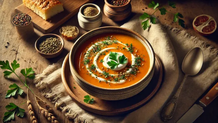 Ein Teller mit einer cremigen Suppe, umgeben von Gewürzen und Kräutern auf einem rustikalen Holztisch.