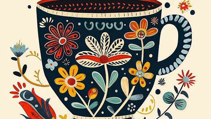 Bunter Tee-Becher mit Blumen und Vögeln, illustriert