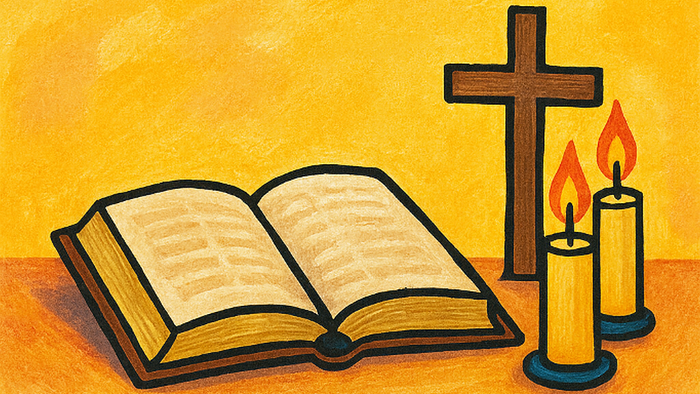 Illustration zur Förderung des Bibellesens und des Glaubensaustauschs mit einer geöffneten Bibel, Kerzen und einem Kreuz.