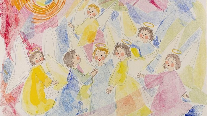 Engel schweben im Himmel und spielen mit Wolken