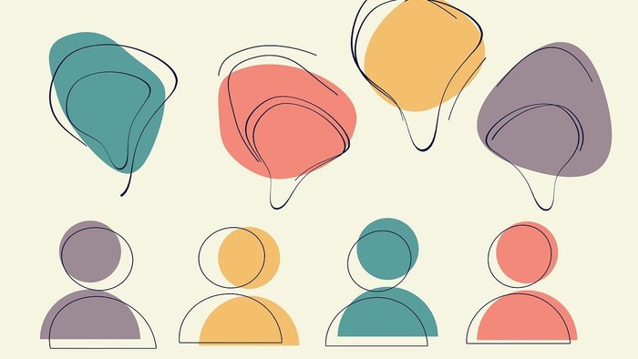 Billedet viser ni abstrakte figurer med farvefulde balloner og halvmåner.