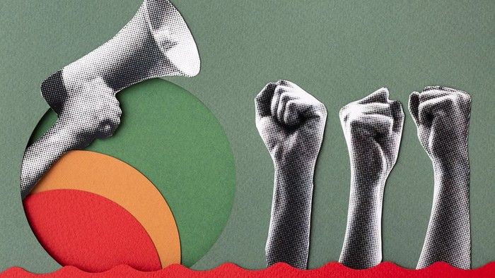 Revolution; knyttede næver og hånd med megafon