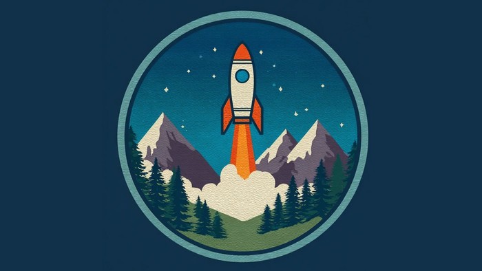 Raketenstart aus einer Berglandschaft innerhalb eines kreisförmigen Rahmens