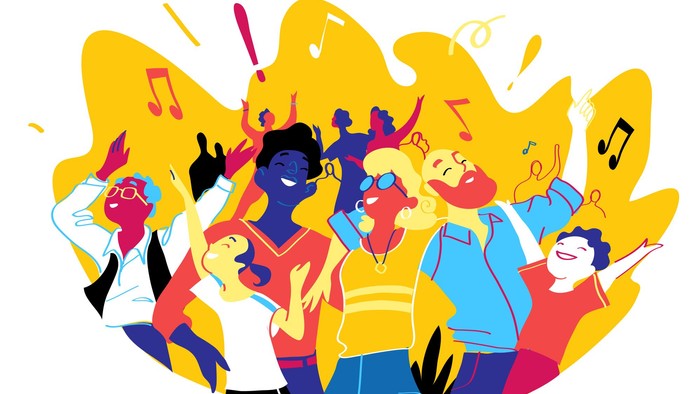 En glade gruppe af venner danser og synger sammen i en festlig stemning