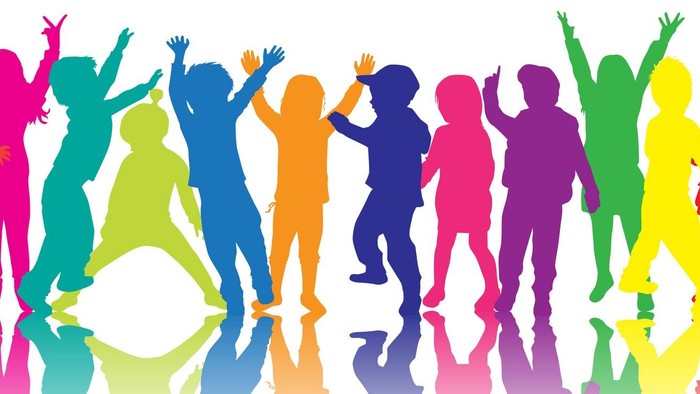 En rekke farverige skikkelser danser og feirer.