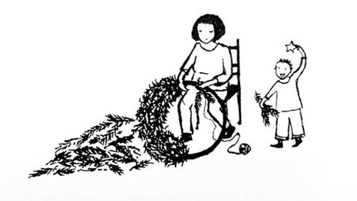 Die Illustration zeigt eine Frau, die einen großen Adventskranz bindet und ein Kind mit einem Stern und einem Zweig in den Händen.