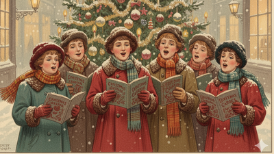 Børn, der synger julesange foran et pyntet juletræ i sneen.