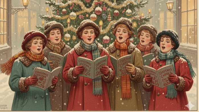 Børn, der synger julesange foran et pyntet juletræ i sneen.