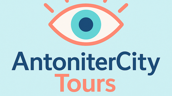 Das Bild zeigt ein Logo für „AntoniterCity Tours“ mit einem stilisierten Auge und deutschem Text.