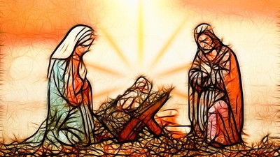 Glasmaleri af juleevangeliet med Maria, Josef og barnet Jesus.