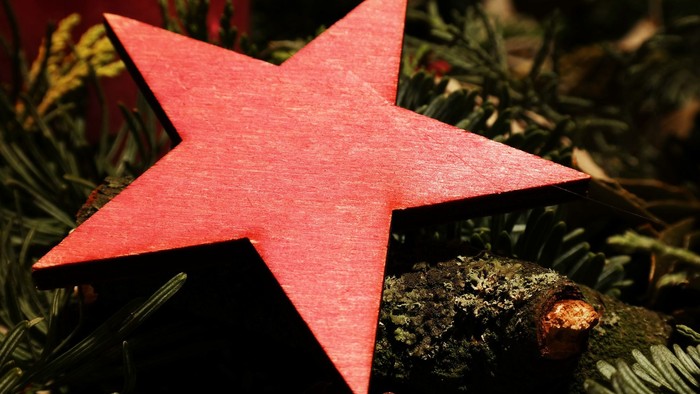 En stor rød stjerne på en mørk underlag med smykker og grønne planter.
