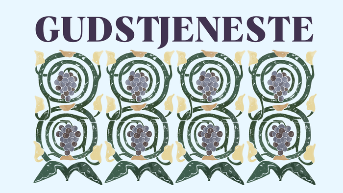 Gudstjeneste med blomsterdekorative og skrift i øverste del