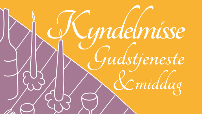 Grafisk invitation til Kyndelmisse-gudstjeneste og middagsmåltid med illustrationer af lys og vinglas.