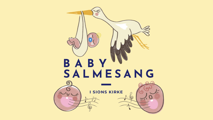 Stork med to børn og rosa og blå sengskærme med teksten 