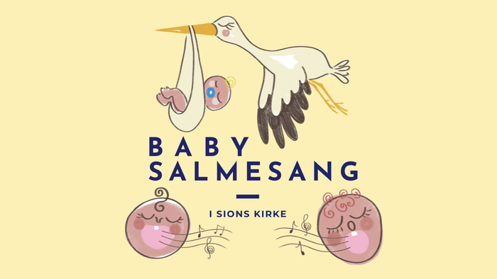 Stork med to børn og rosa og blå sengskærme med teksten 