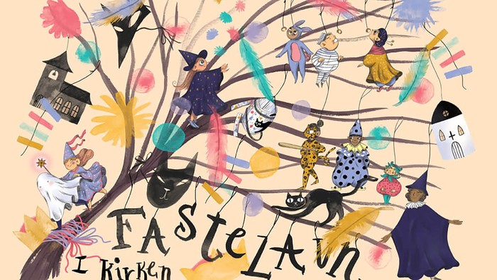 Illustret og farverigt træ med forskellige figurer og teksten 