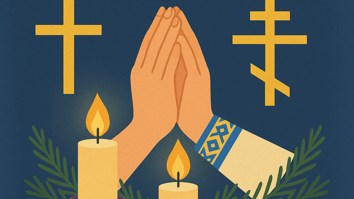 Zwei Kreuze, zwei betende Hände, zwei Kerzen.