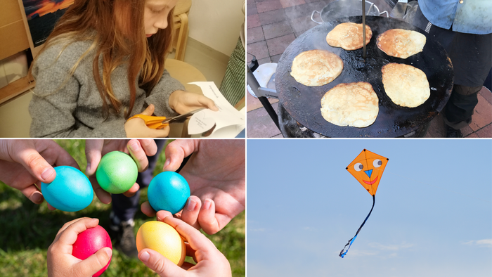 Øverst til venstre: Kvinde, der laver håndarbejde med stof. Øverst til højre: Pandekager, der steger på en stegepande. Nederst til venstre: Farvede påskeæg, der holdes i hænderne. Nederst til højre: Drage, der flyver på himlen.