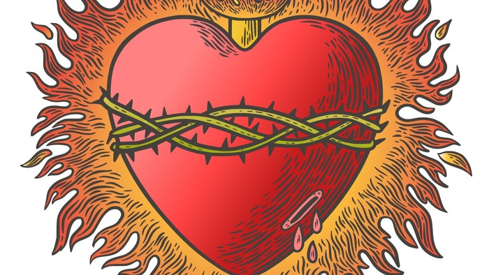 Ein flammendes Herz mit Dornen und Kreuz, symbolisch und lebhaft dargestellt