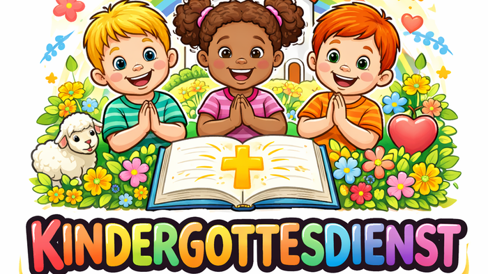 Bunte Illustration von Kindern in einem fröhlichen KinderGottesdienst mit offener Bibel und religiösen Symbolen.