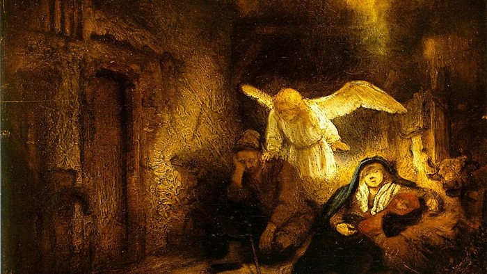 Engel erscheint Maria und Josef in der Krippe