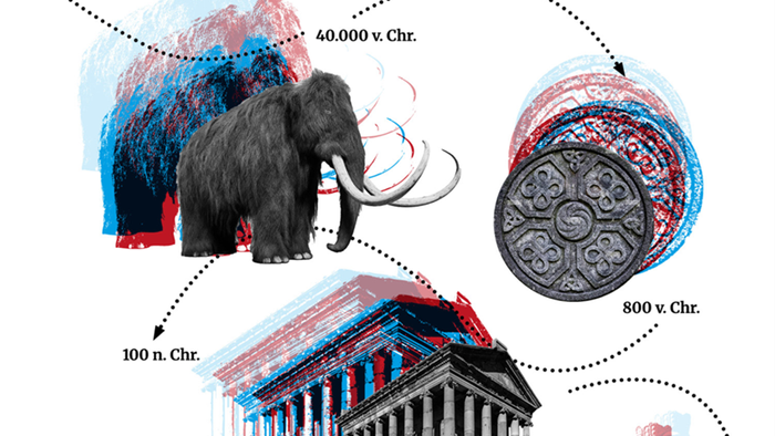 Das Bild zeigt Motive der Menschheitsgeschichte. Ein Mammut, römische Münzen und einen griechischen Tempel.