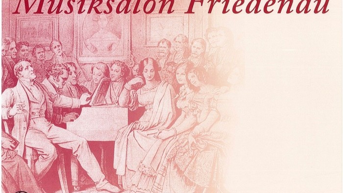 Das Bild zeigt eine historische Darstellung eines Musiksalons mit Menschen, die Musik hören und spielen.
