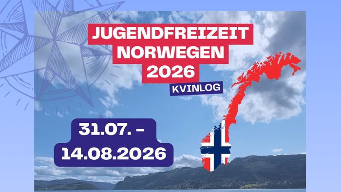 Informationsbild zur Jugendfreizeit 2026 nach Norwegen, Kvinlog, vom 31.07. - 14.08.2026 mit QR-Code Link zur Anmeldung