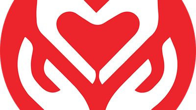 Et rødt og hvitt logo med to hænder, der holder et hjerte