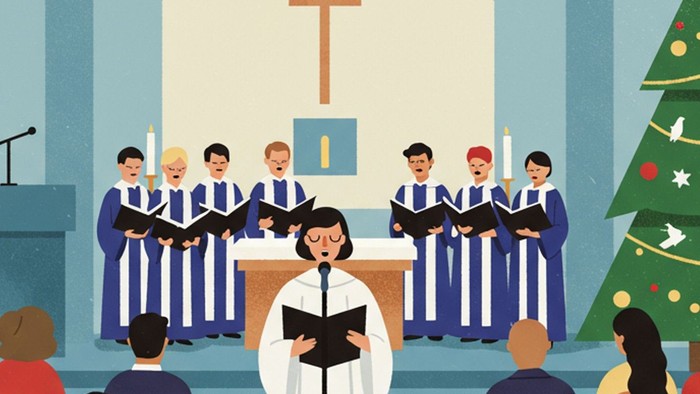 Church service with choir singing, Christmas tree present