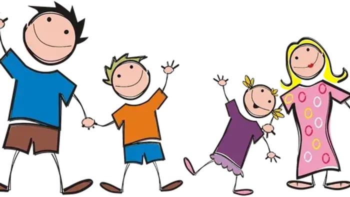 Vier fröhliche Kinder halten sich an den Händen