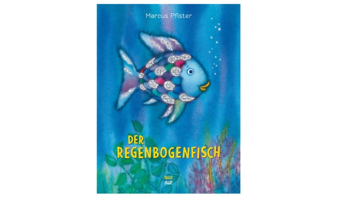 Buntes Kinderbuchcover mit einem Regenbogenfisch namens „Der Regenbogenfisch“ von Marcus Pfister.