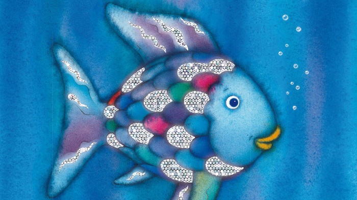 Buntes Kinderbuchcover mit einem Regenbogenfisch namens „Der Regenbogenfisch“ von Marcus Pfister.