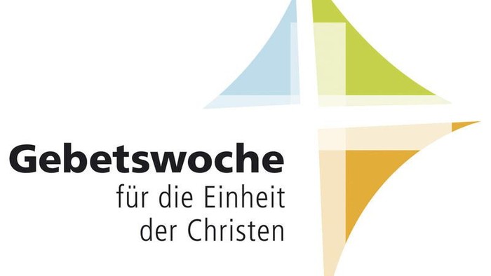Das Bild zeigt ein Logo mit einem stilisierten Kreuz und einem Text auf Deutsch, der „Gebet für die Einheit der Christen“ bedeutet.