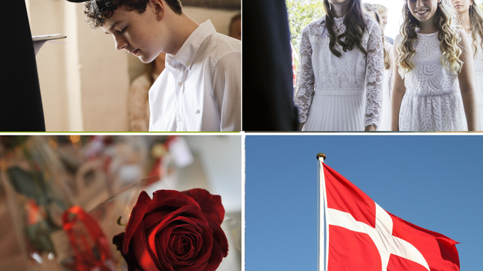 En ung mand i en hvid skjorte, en gruppe unge kvinder i hvide kjoler, et nærbillede af en rød rose og det danske flag.