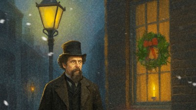 Ein Mann mit Zylinder und Mantel geht mit einem Stock durch eine verschneite nächtliche Straße.